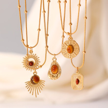 美拉德虎眼石项链女秋冬小众轻奢高级感毛衣链配饰棕色复古锁骨链