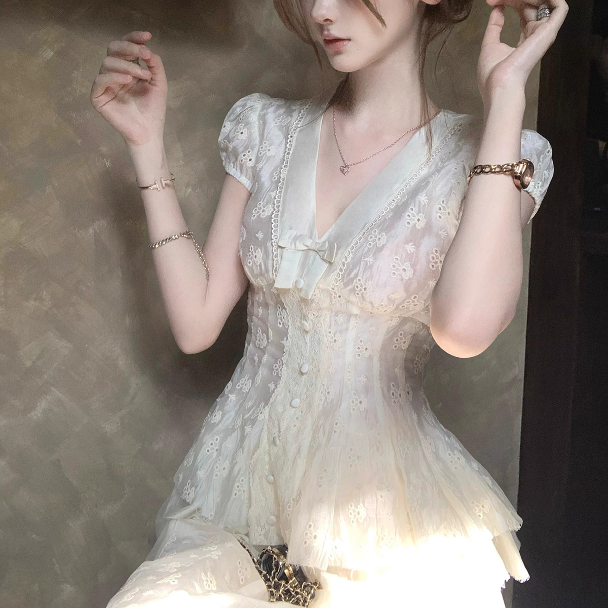 In-stock Kyoto Tea House V-neck Tencel Lyocell Embroidered Patchwork Short-sleeved Bow Top and Long Skirt Set for Summer Women
