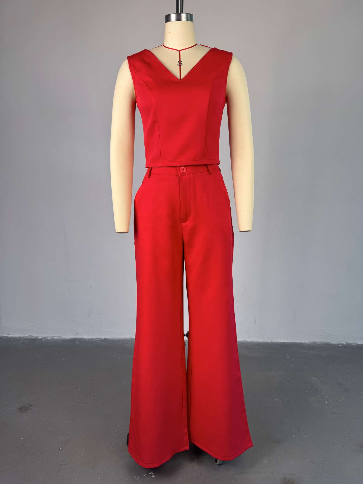 Women Clothing Spring Solid Color Backless Bow Top Wide Leg Trousers Casual Suit
