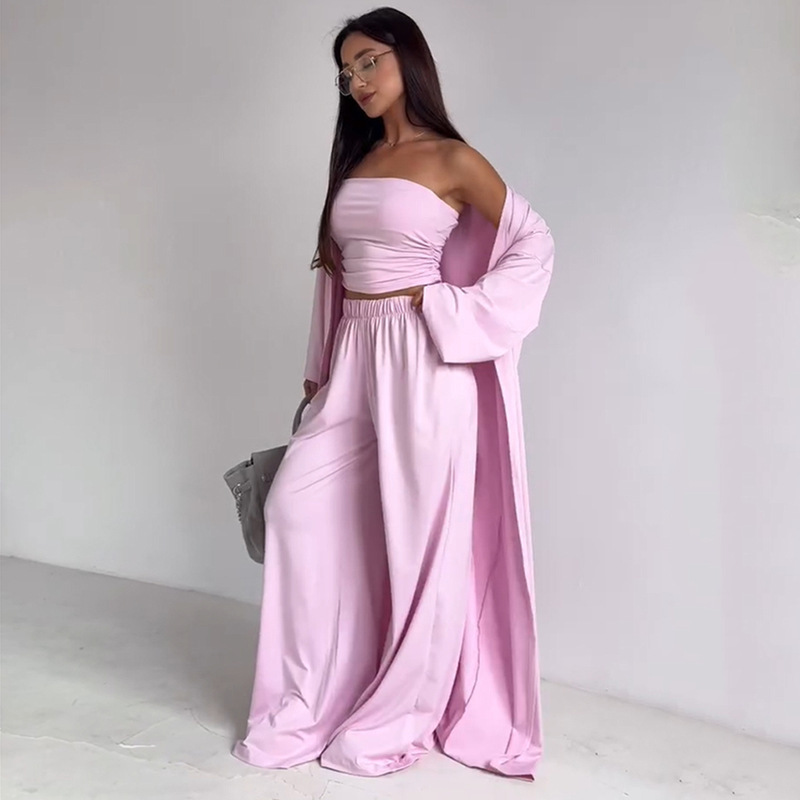Casual Wide-Leg Pants 2026 Three-Piece Set New Cardigan Tube Top Vest Women's European and American Cross-Border Summer Long Style Casual Wide-Leg Pants 2026 Three-Piece Set New Cardigan Tube Top Vest Women's European and American Cross-Border Summer Long Style