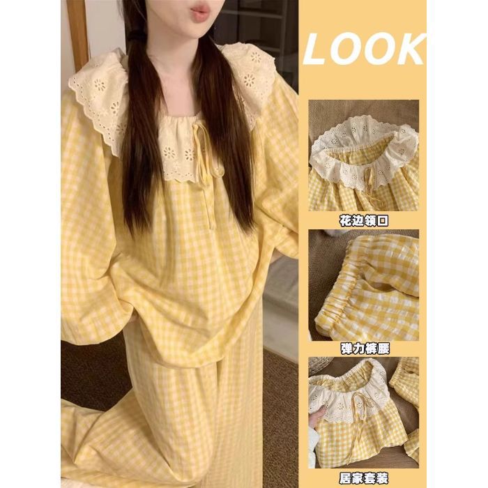 Pijamas de algodón nubes al por mayor transfronterizos otoño dulce de encaje de cuello grande pantalones largos de manga larga ropa para el hogar