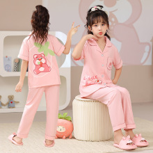 夏季儿童精梳棉短袖开衫家居服中小童翻领印花睡衣女宝休闲套代发