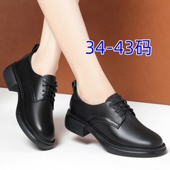 春季新款粗跟休閒黑色圓頭英倫大碼女鞋系帶工作鞋