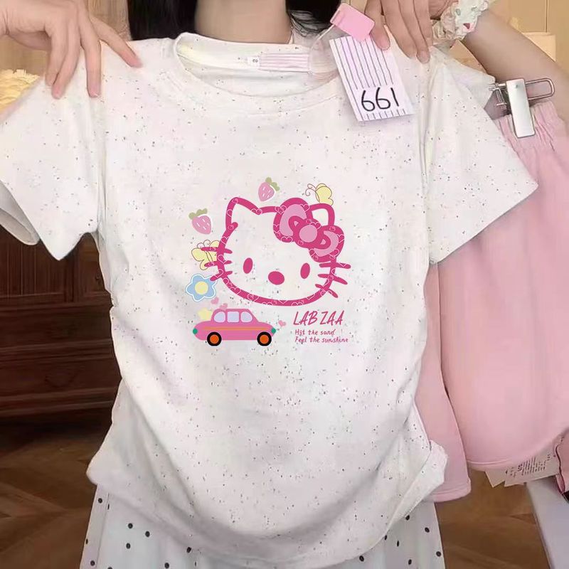 女の子韓国カラフルなドット Tシャツ 2025 夏の新しいラウンドネック漫画プリント半袖トップス西洋スタイルトレンドインスタイル|undefined