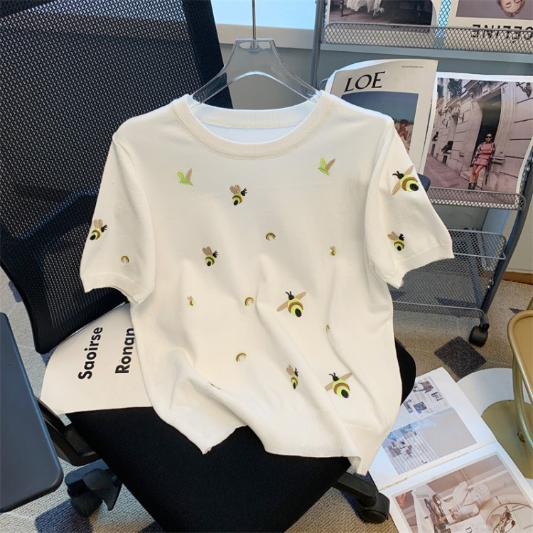 夏のヘビーウェイト刺繍アイスシルク半袖Tシャツレディースセーターラウンドネックファッショナブルなルーズスリミングデザイントップトレンディ|undefined
