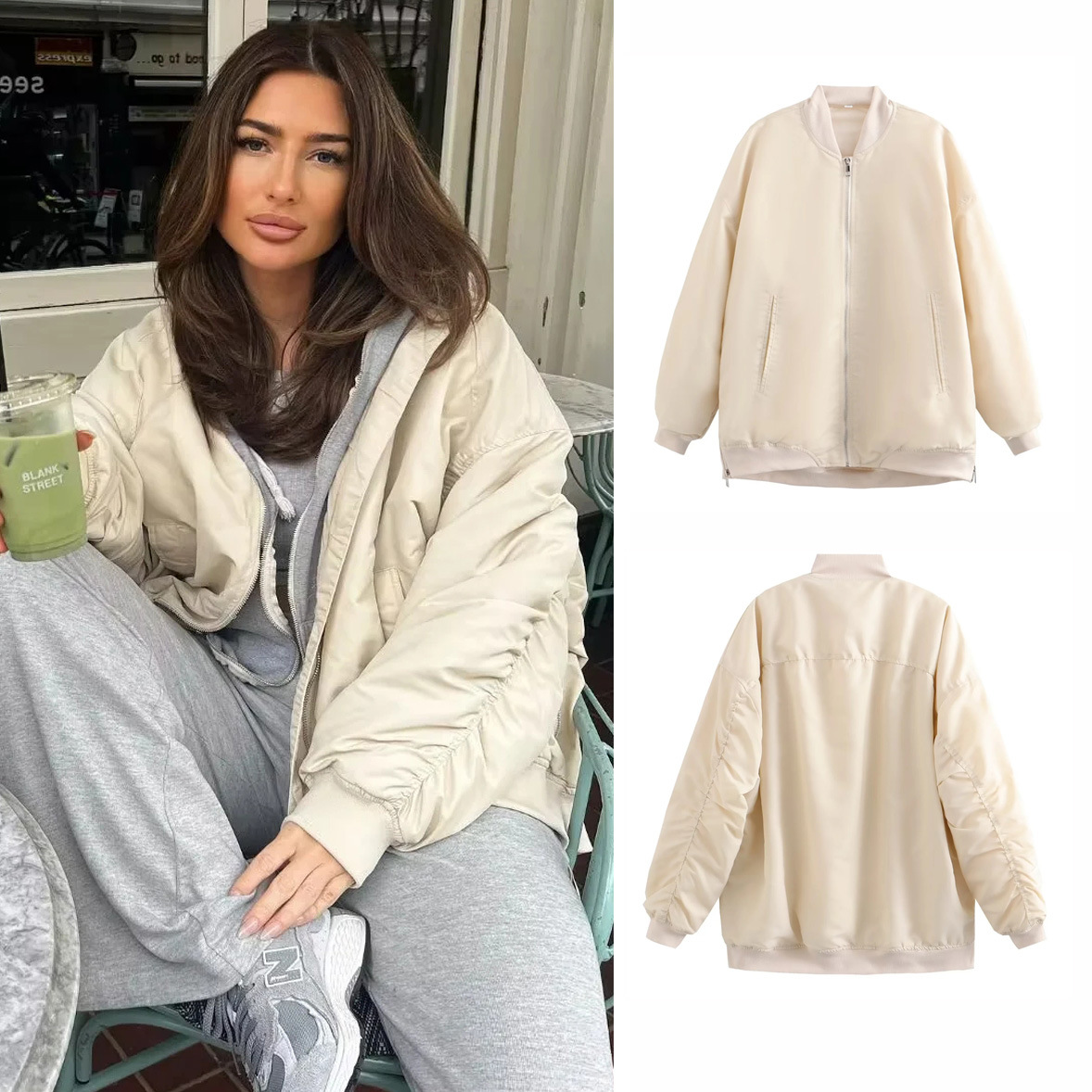 Vêtements pour femmes manteau ample en coton à fermeture éclair pour femme_voghion.com