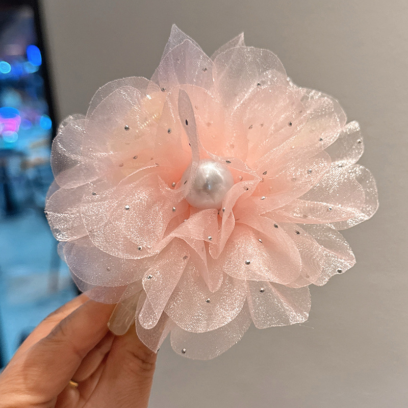 Розовая заколка-крабик, в цветочек, 13см