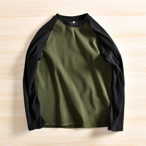 Double-sided German velvet rag-shoulder long-sleeved T-shirt men's autumn and winter warm splicing contrasting base shirt loose round neck couple top