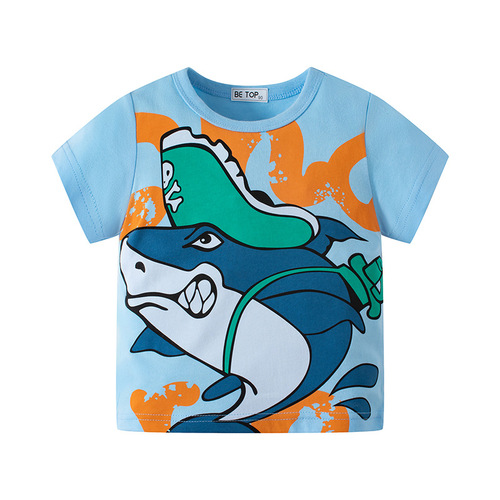 Children's cartoon shark t-shirt for boys, summer children's short-sleeved T-shirt, pure cotton, baby round neck top, drop shipping one piece.