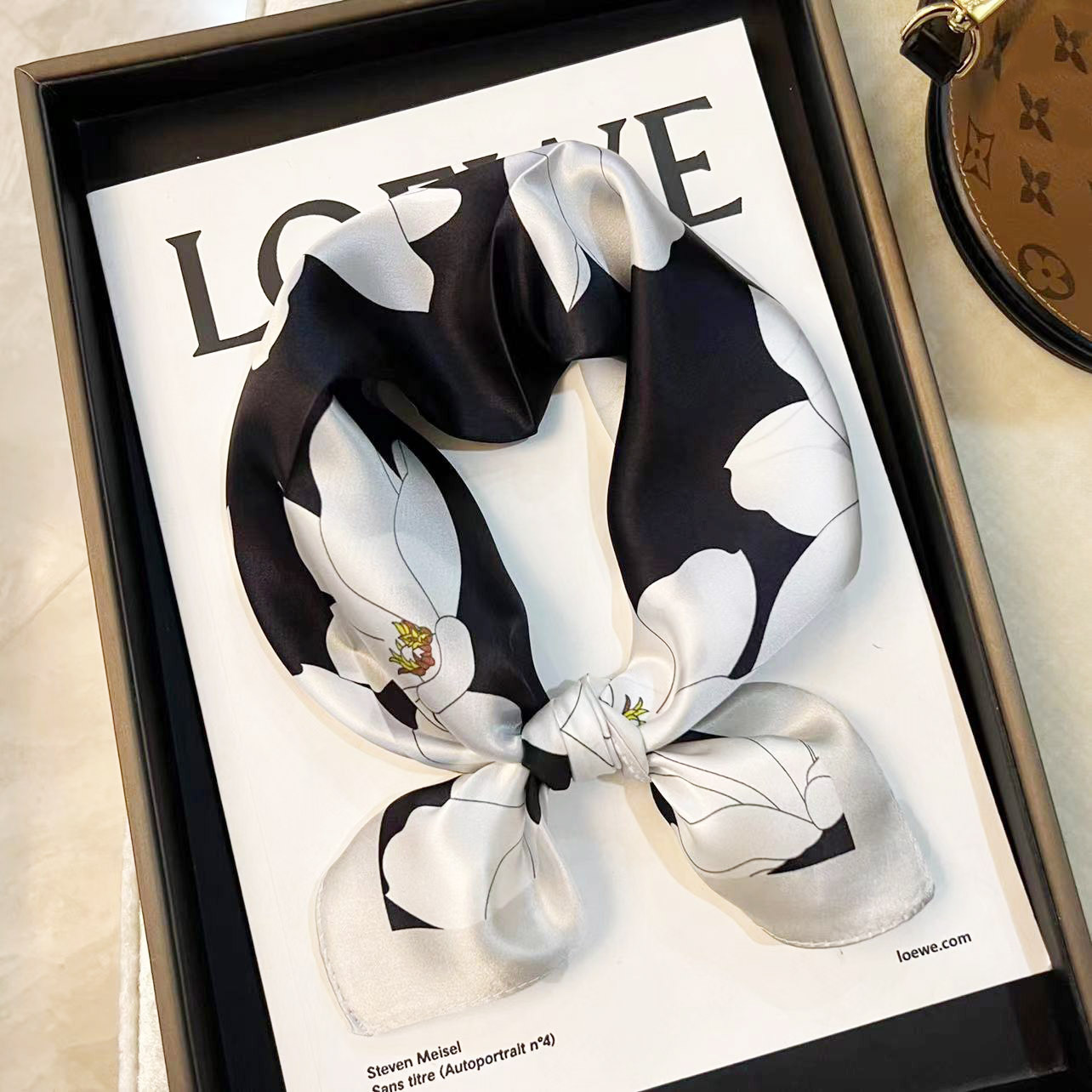 Korean Style Black Magnolia Decorative Silk Scarf Female Elegant All-match Mulberry Silk Small Scarf Hair Belt Tie Bag Gift