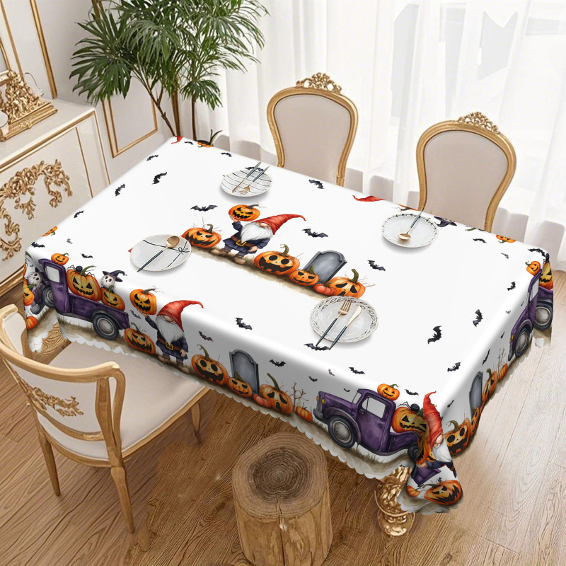 Halloween Tablecloth Spooky Party Decor with Goblins, Pumpkins and Cars Pattern - Polyester Table Cloth