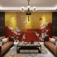3d新中式故宫屋檐壁纸客厅卧室茶室古风背景墙纸轻奢花鸟无缝墙布