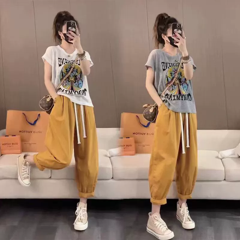 298 # Летний женский костюм в стиле интернет-знаменитостей, новый корейский стиль, с коротким рукавом, с принтом в мультяшном стиле, повседневный комплект из двух предметов
