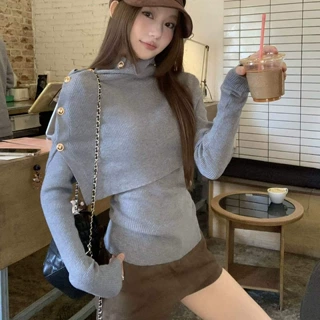 韩系咖色感斗篷打底针织衫女秋冬季新款修身设计感上衣两件套