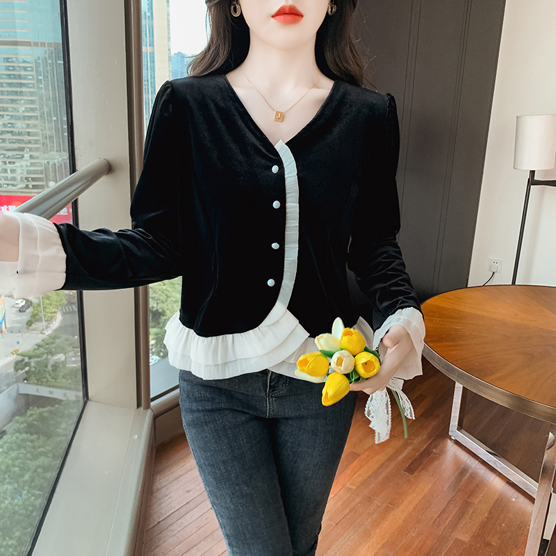 New Chinese-style Gold Velvet Lace Shirt Women's 2023 Autumn New Fashion Retro Elegant Black Base Top