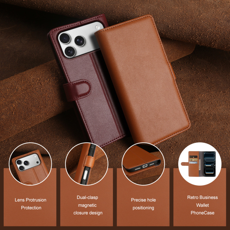Suitable for Iphone17/16/15Promax Genuine Leather Flip Phone Wallet-Style Card-Inserting Anti-Fall Business Leather Case