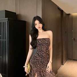 欧美性感辣妹抹胸豹纹连衣裙2026夏季印花拼接开叉收腰紧身包臂裙