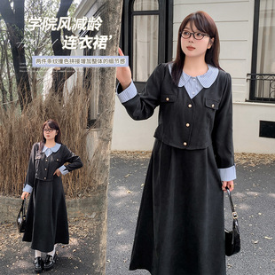 Inno Plus Size Women's Preppy Style Splicing Fake Two-Piece Autumn and Winter New Waist Slimming Look A-Line Skirt 421847