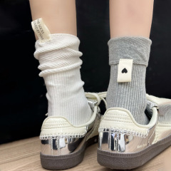 灰色袜子女纯棉中筒袜春秋堆堆袜布标ins潮韩版网红长袜夏季薄款
