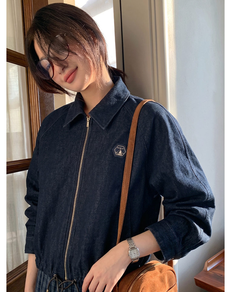 Áo khoác denim nữ dáng thông thường, dài tay, cổ bẻ, có dây rút, phong cách công sở — Màu tím than chi tiết 10