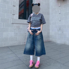 美式复古牛仔短裤女夏季廓形水洗做旧直筒中裤宽松垂感阔腿五分裤