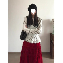 白色下摆荷叶边波点针织衫女春装裙摆式拼接打底衫独特超好看上衣