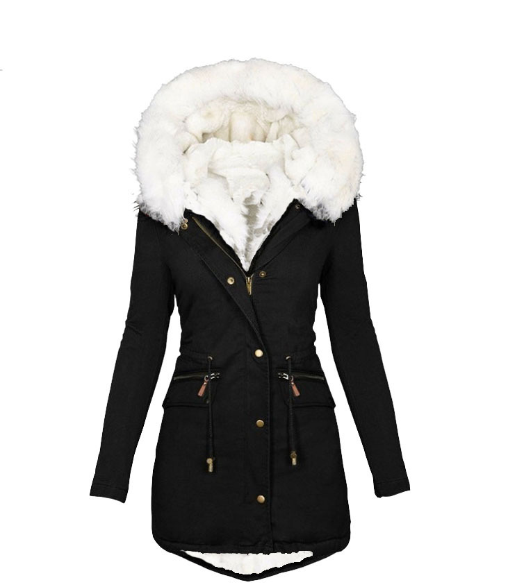 Damenbekleidung Herbst und Winter Partyjacke Damen Plüsch Taille Baumwollmantel Weiß Pelzkragen Mit Kapuze Warme Jacke Größe Lockerer Baumwollmantel Damen_voghion.com