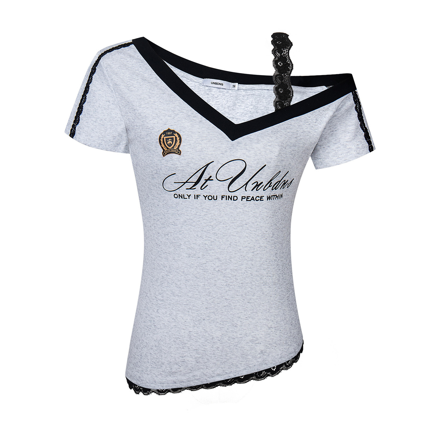 Women's Clothing Slim Fit Short Sleeved T-Shirt Dark Blue Niche Lace Camisole Faux Two Piece Sexy Top_ecoleips.com
