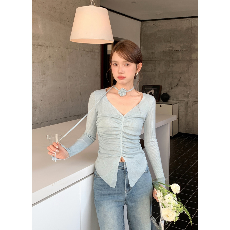 [No Returns or Exchanges] Rose French-Style High-End Pleated Slim-Fit V-Neck Knit Sweater for Women with Long Sleeves and Elegant Style 0342
