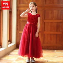 女童礼服裙红色高端晚礼服女孩婚礼花童公主裙主持钢琴走秀演出服