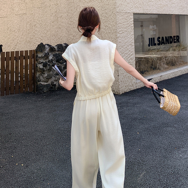 ベージュ韓国スタイルベストスーツ女性のための夏の 2025 新しいハイエンドノースリーブトップワイドレッグパンツ 2 点セット|undefined