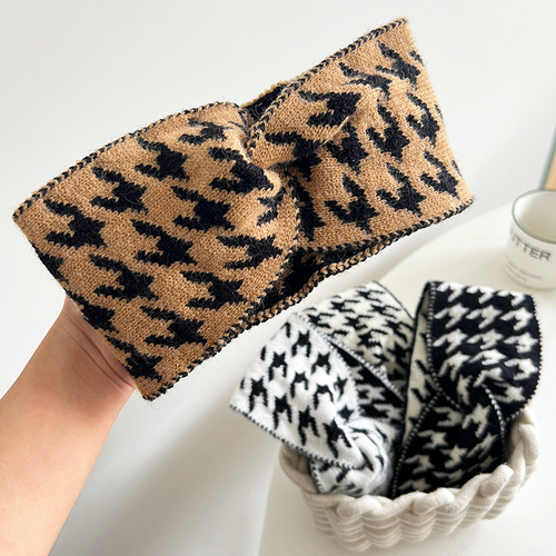 Houndstooth woolen hairband women's wide-brimmed confinement bag headscarf cross autumn and winter outdoor hair hoop  new headwear