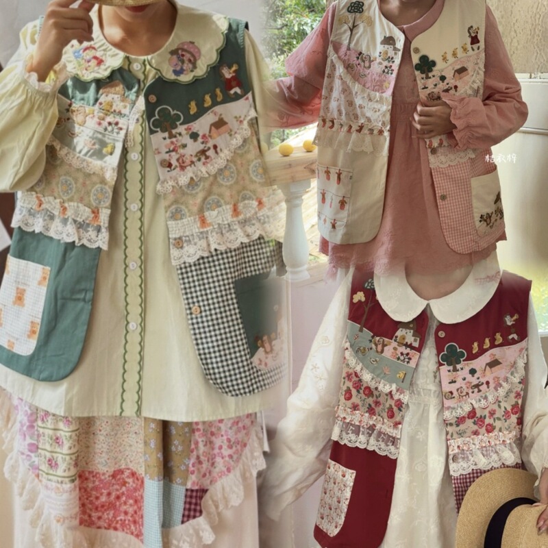 Forest-Style Retro Autumn Floral Plaid Patchwork Vest, Cute Age-Reducing Embroidered Lace Splicing Versatile Layered Vest