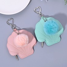 PU皮革贝壳零钱包毛球钥匙扣跨境时尚创意多功能钥匙包挂件小礼品