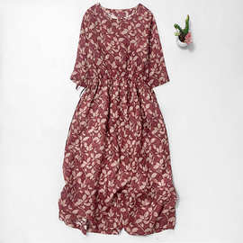 2025春夏新款碎花连衣裙宽松棉麻a字裙大码微胖长裙