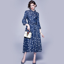 实拍欧洲站收腰显瘦衬衫裙气质牛仔裙七分袖波点印花连衣裙