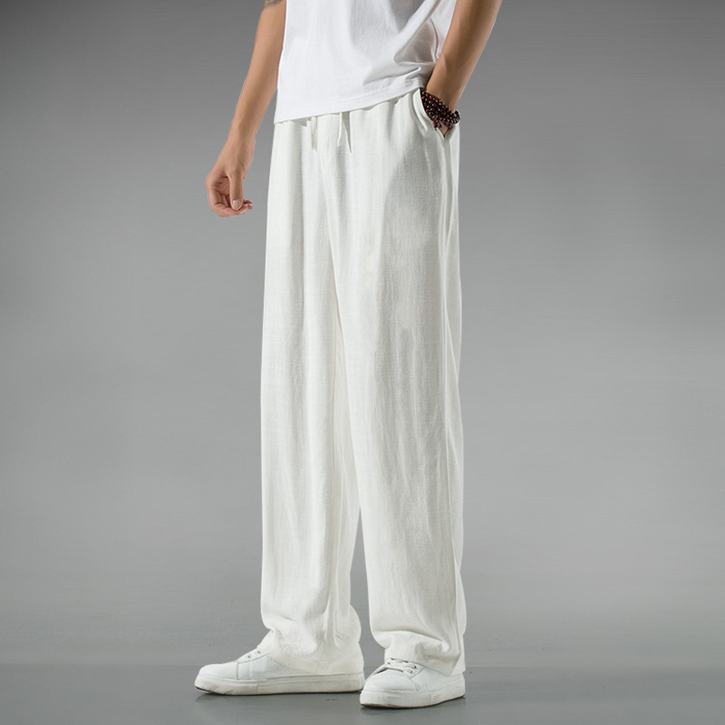 Pantalones de hombre de lino ligero y transpirable de estilo chino, pantalones de pierna recta sueltos de lino de verano, pantalones casuales de algodón y lino, pantalones anchos