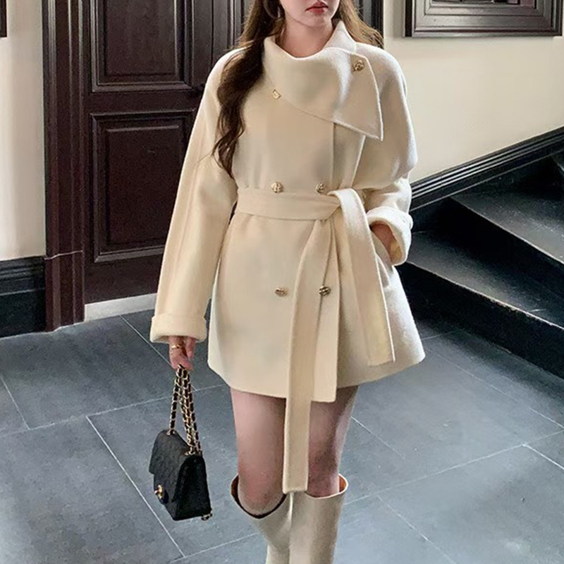 双面羊毛大衣女千金羊毛大衣女秋冬双面呢围脖领系带白色毛呢外套|undefined