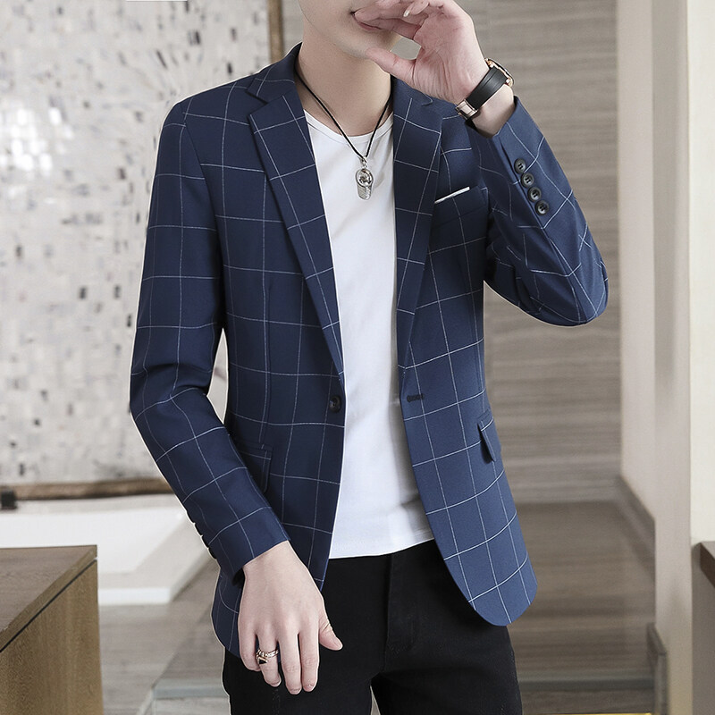 Cross-border source men's small suit autumn coat plaid Korean slim handsome casual single suit suit trend Cross-border source men's small suit autumn coat plaid Korean slim handsome casual single suit suit trend
