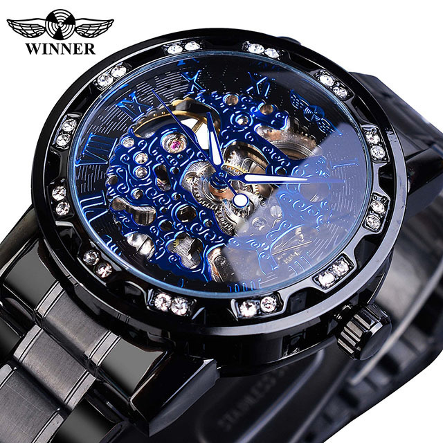 GANADOR 614 hombres correa de acero reloj mecánico hueco transparente inferior rhinestone moda manual reloj mecánico