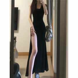 辣妹高开叉收腰显瘦背心连衣裙女秋长款过膝修身包臀裙无袖t恤裙