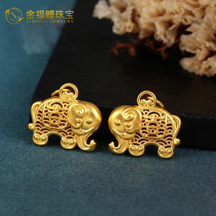 Shuibei Gold 999 Pure Gold Auspicious Elephant Ruyi Pendant 3D Hard Gold Filigree Hollow Elephant Couple Necklace Wholesale