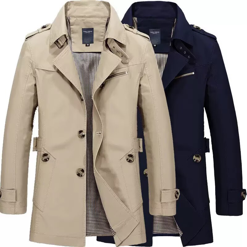 Aliexpress Foreign Trade Autumn Men's Casual Trench Coat Mid-Length Trendy Men's Clothing Pure Cotton Jacket Men's Coat Trendy Trench Coat