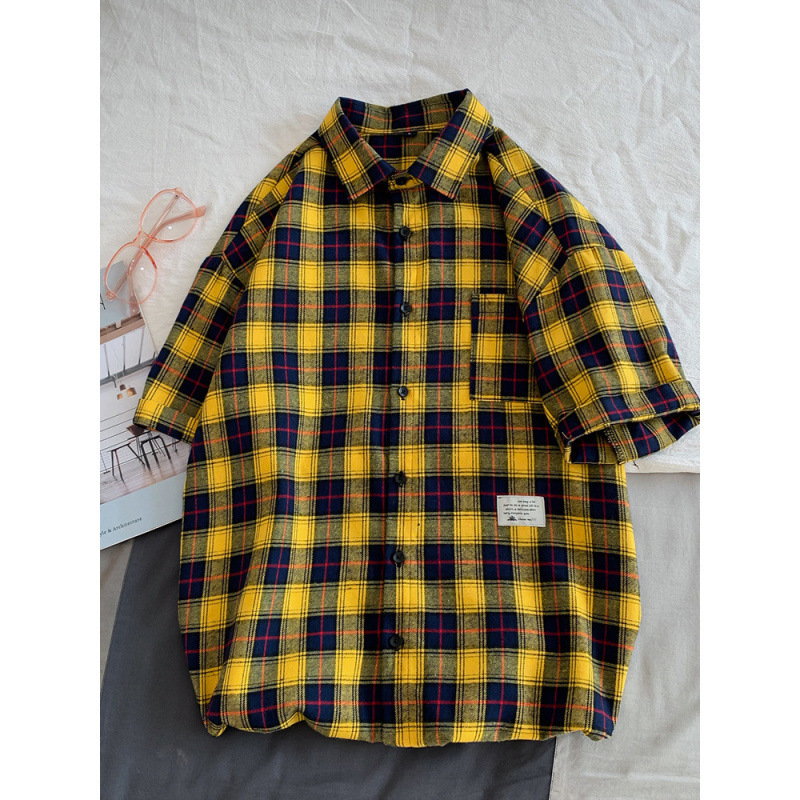 Camisas de manga corta a cuadros para hombres de verano nuevo estilo suelto marca de moda camisa de media manga americana chaqueta casual retro