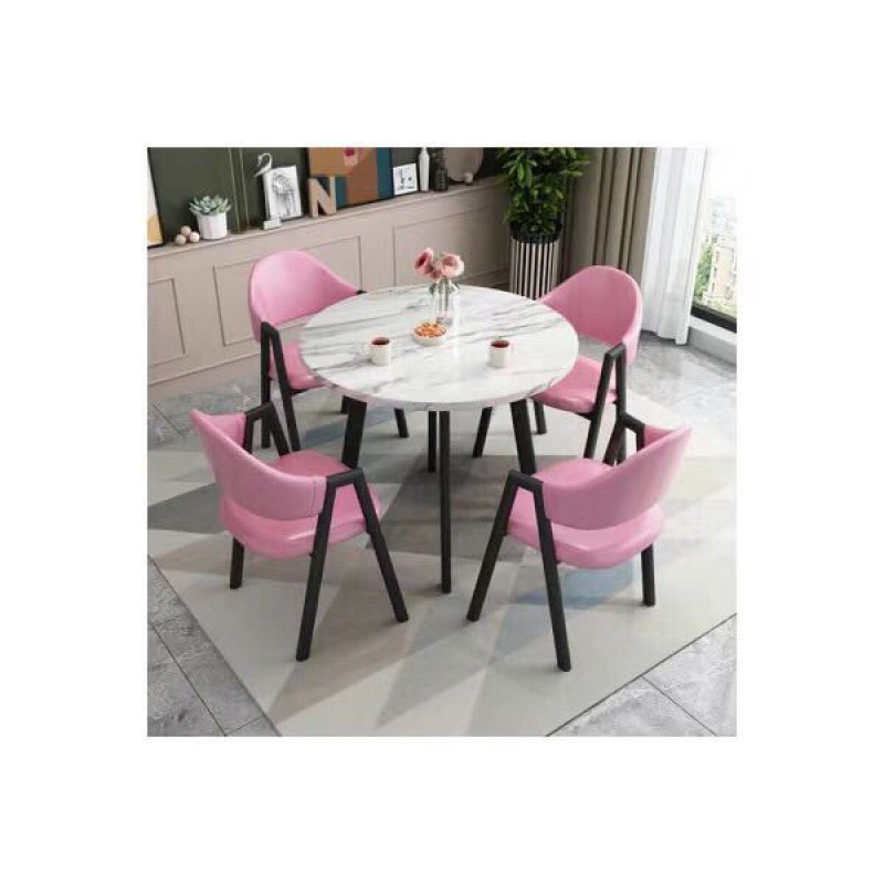 모조 흰색 대리석 테이블 상판 + 블랙 핑크 가죽 일체형 A 하위 의자