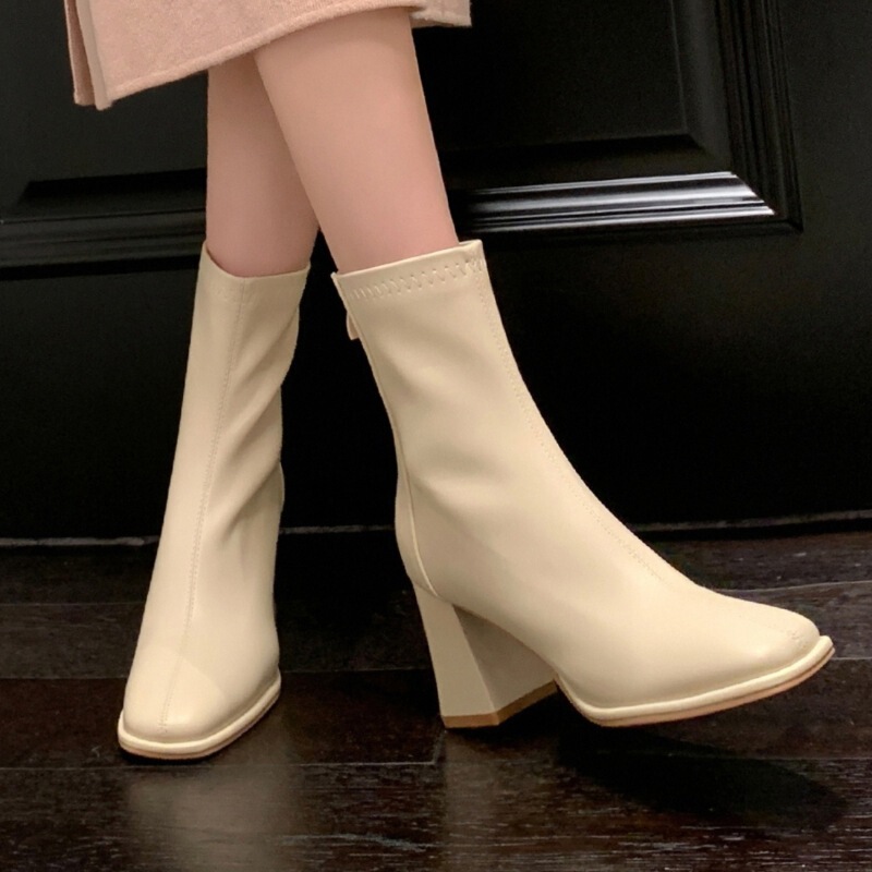 Sheepskin ~ Short Boots for Women, Autumn and Winter High Heels, Thick Heels, Korean Style Small Ankle Boots, Chelsea Boots, White French Slim Boots