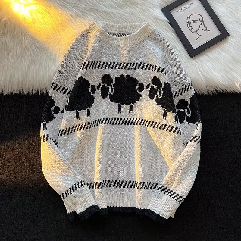 Men's Retro Jacquard Sweater For Men Loose Versatile Knit Coat_voghion.com
