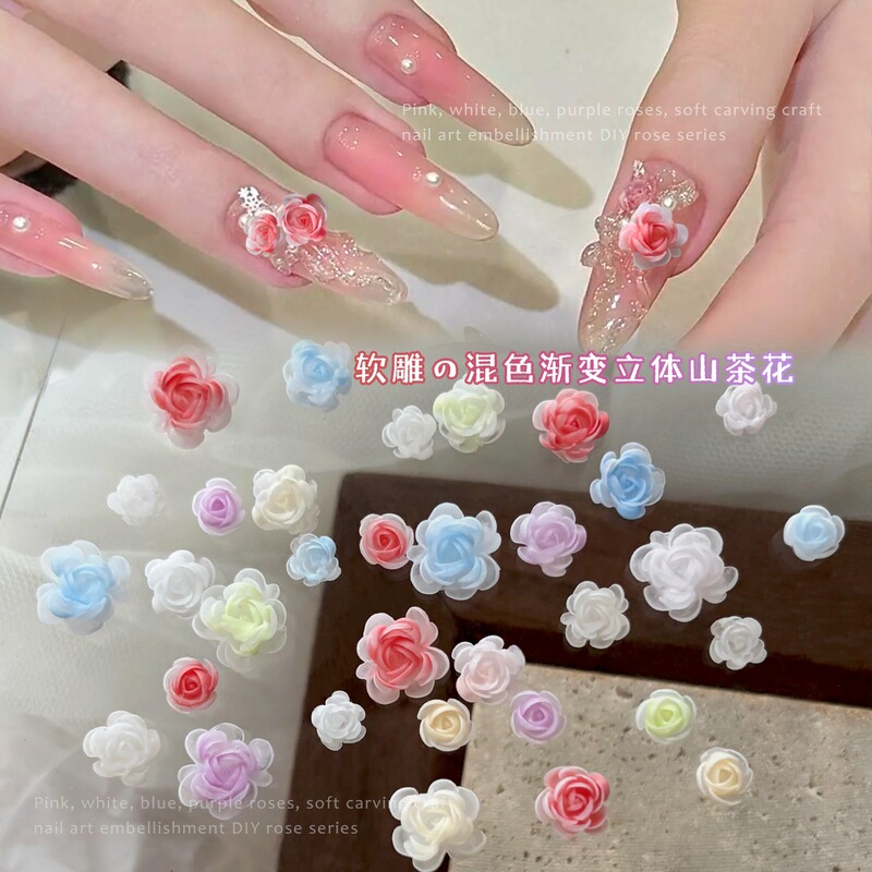 Simulated Soft-Sculpted Camellia Nail Art Decorations, Three-Dimensional Pink, White, Purple, and Blue Flowers, DIY Handmade Nail Rhinestone Accessories