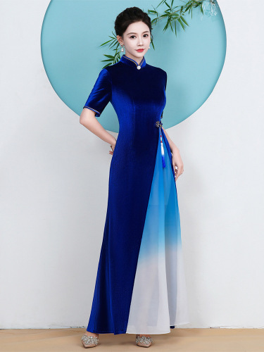 Women girls Blue Dark Green velvet Qipao catwalk cheongsam wedding party dignified and elegant miss etiquette host singer choir stage performance dress