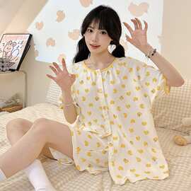 6040棉#睡衣女款夏天宽松短袖短裤夏季春秋少女士家居服套装翻领